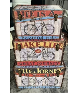 BAULE IN LEGNO VINTAGE BELLAHOME RIVESTITO IN ECOPELLE FANTASIA ROUTE 66 GRANDE 69X40X44 CM